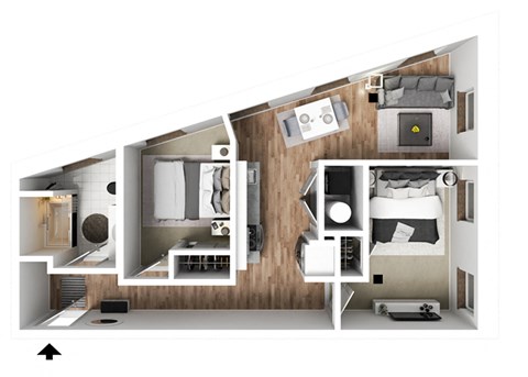 a stylized floor plan with a bedroom and a living room